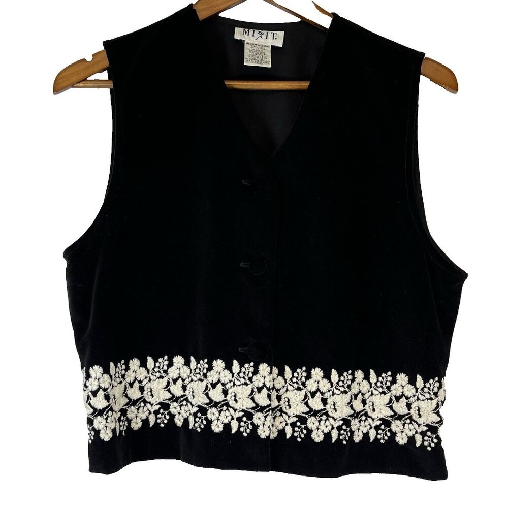 Black Velvet Vest by Mix It Womens Sz M Embroidery Accents, Y2K Top Made in US